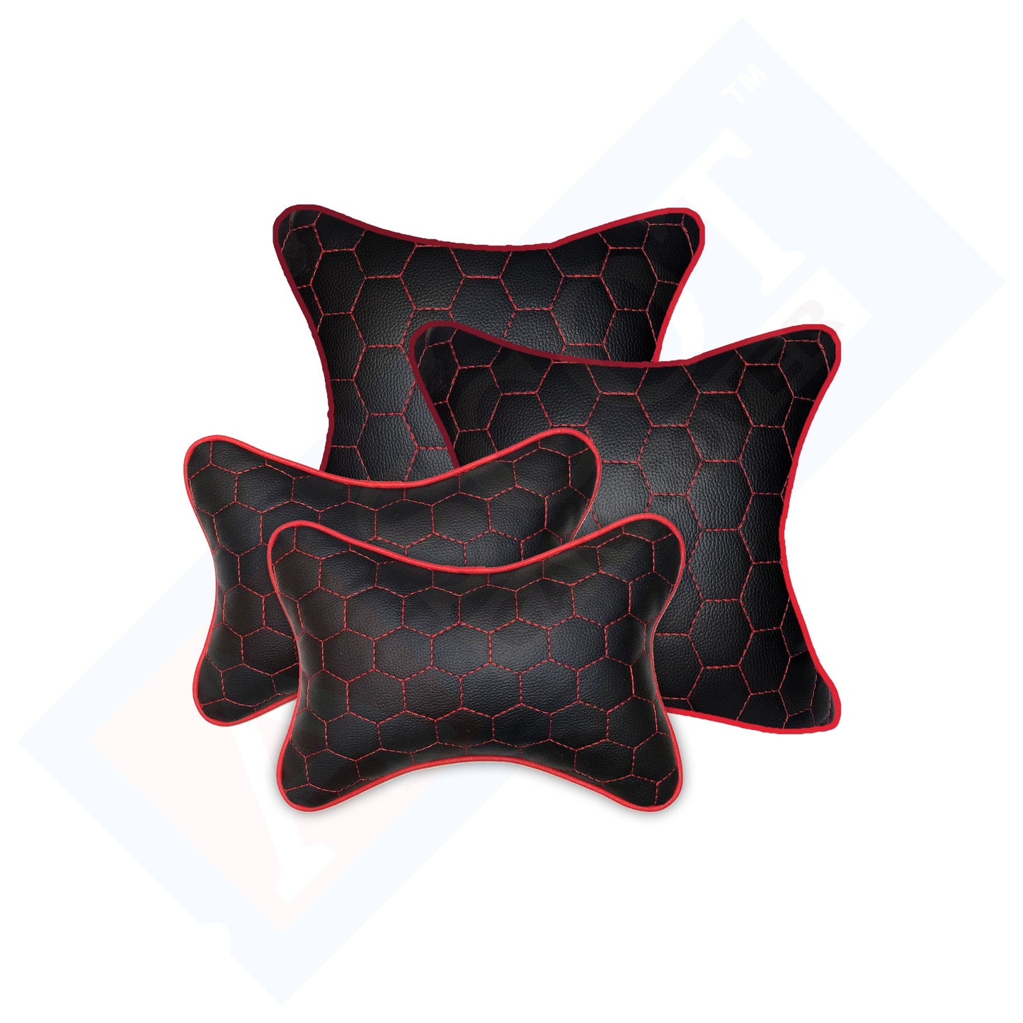 Ascot Breathable Cushion & Neck Rest Pillow for Home & Car Black & Red 2 Combo Set of 4 Pieces (2+2) Comfortable & Soft for Travel