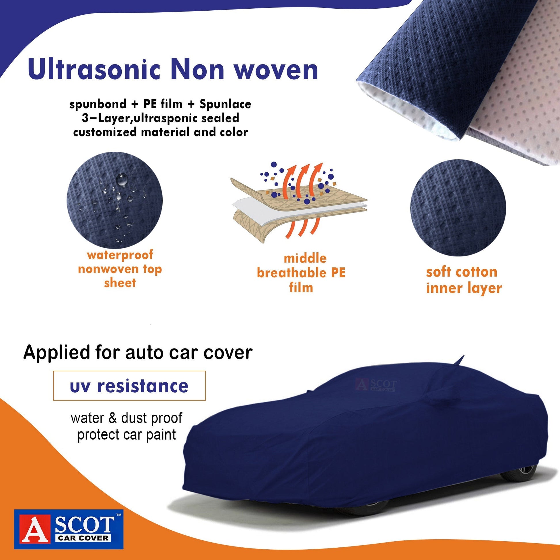Ascot car body cover featuring ultrasonic non woven, spunbond, ultrasonic sealed customized material and color