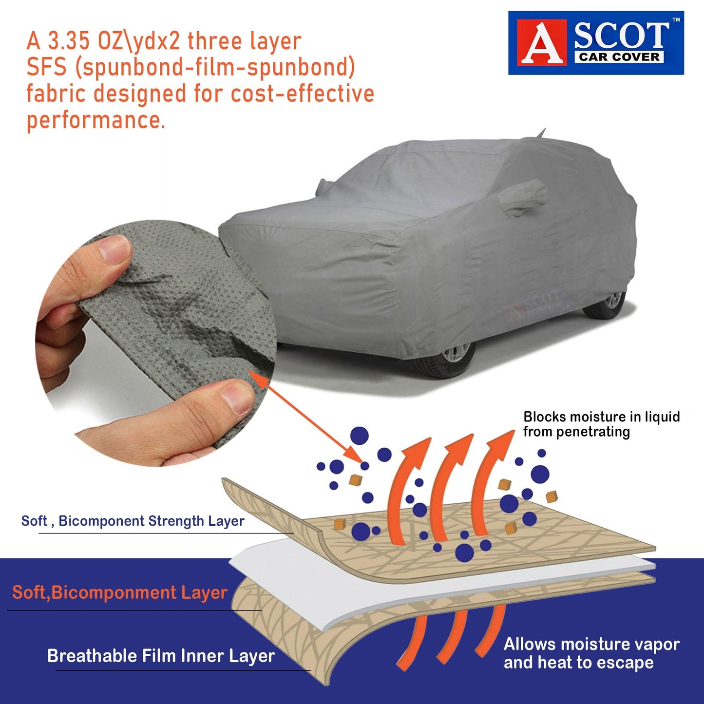 Ascot Waterproof car cover features heavy buckle, mirror & antenna pockets, tripple stitching & Soft cotton linning