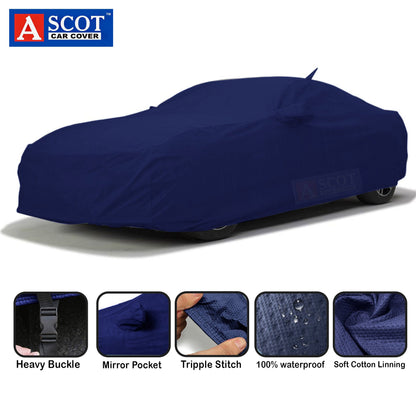 Ascot Waterproof car cover features heavy buckle, mirror & antenna pockets, tripple stitching & Soft cotton linning